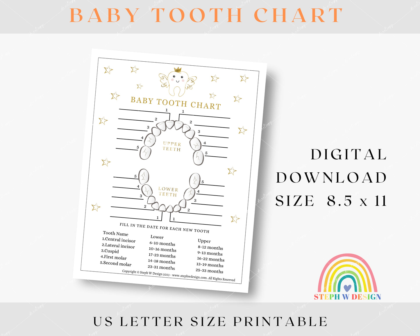 Printable Baby Tooth Chart - Gold